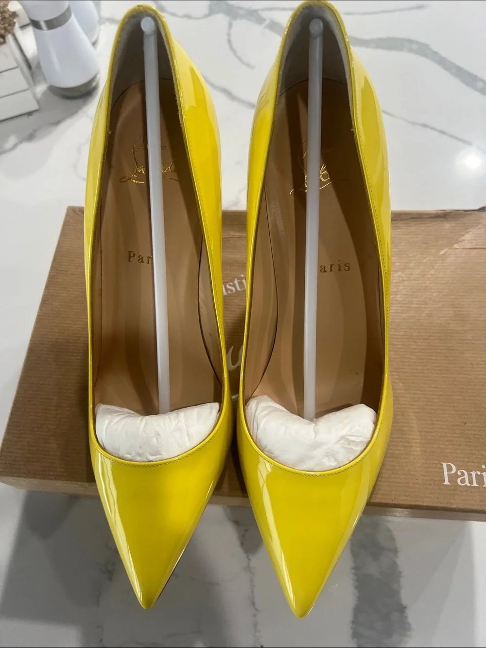 Christian Louboutin Yellow Patent Pointed Toe Pumps - Picture 3 of 16